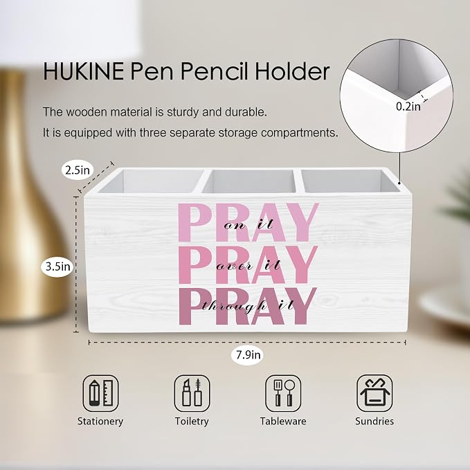 Pray on It Pray over It Bible Verse Pen Holder for Desk Decoration, Pink Inspirational Christian Wooden Box Sign Pencil Holder Organizer for Home Office Desk Accessories, Christian Gifts