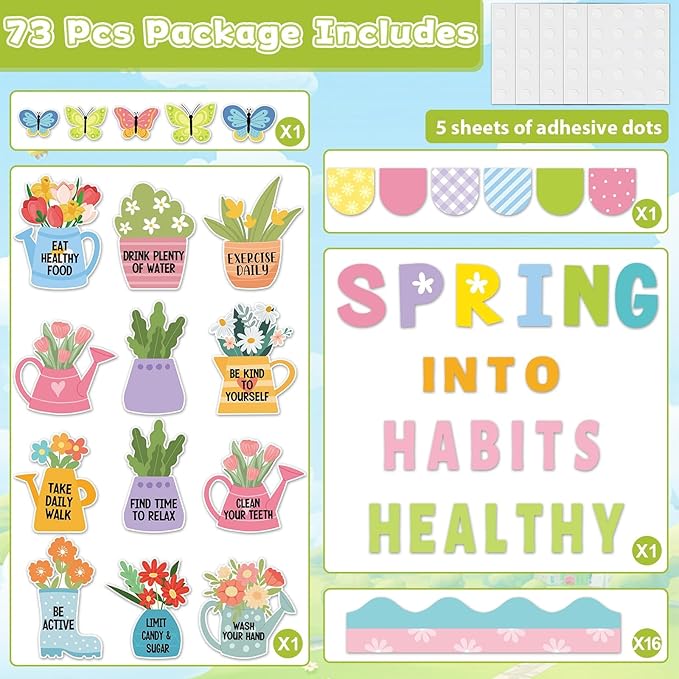 Spring Healthy Bulletin Board Set Spring Into Healthy Habits Classroom Decorations Colorful Flower Butterfly Flowerpot Paper Cutouts for School Party Nursery Chalkboard Home Office Wall Door Supplies