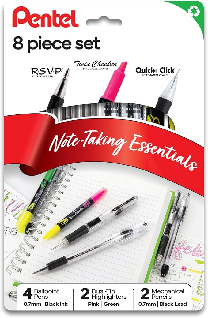 Pentel Note Taking Essentials 8 pack - 4 black RSVP 0.7mm ballpoint pens, 2 Twin Checker Highlighters, 2 Quick Click 0.7mm Mechanical Pencils
