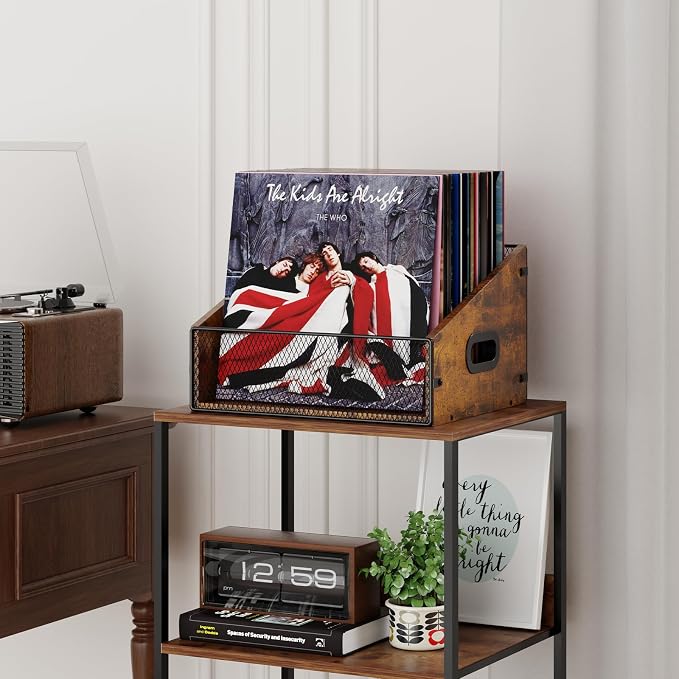 Yuzehuaza 2-Pack Vinyl Record Storage, Record Box Case Crate with Handle, Vinyl Record Holder, Desktop Metal & Wooden LP Record Crate, Easy to Assemble