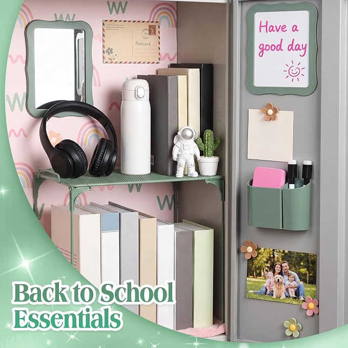 Colarr 16 Pcs Dark Green Locker Accessories for Girls Includes Magnetic Whiteboard & Mirror Locker Shelf Pen Holder 2 Dry Erase Marker & Eraser 9 Flowers for Back to School Essentials Decoration