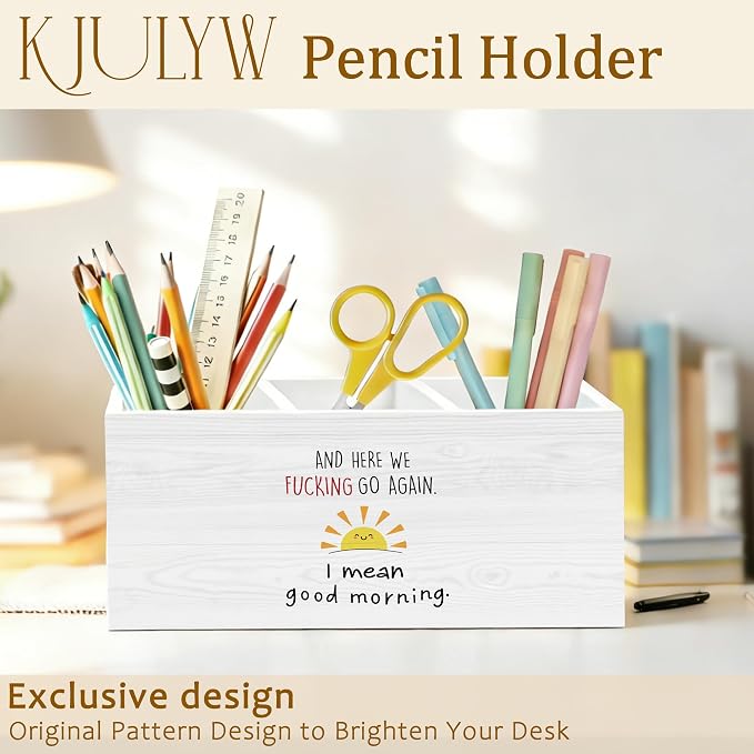 Funny Sun Pen Holder for Desk, Funny Sarcastic Gifts for Women Men Coworkers Wooden Box Pencil Pen Holder Organizer for Home Office Desk Accessories