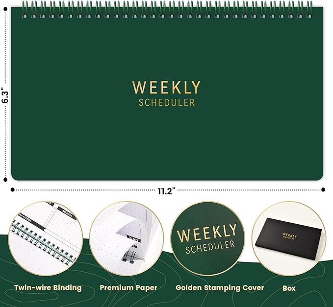 Weekly Planner 2026 – 11.2" x 6.3", Dark Green Spiral Bound, Thick Paper for Smooth Writing, Portable Size for Students, Teachers & Office Workers, 55 Weeks