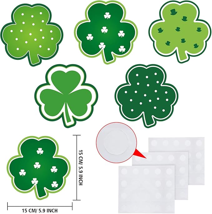 Blulu Shamrocks Clover Cutouts for Classroom Bulletin Board Decorations Large St. Patrick's Day Shamrock Paper Cutouts with Adhesive Dots for School Office Ireland Party Supplies, 5.9x5.9 Inch(40 Pcs)