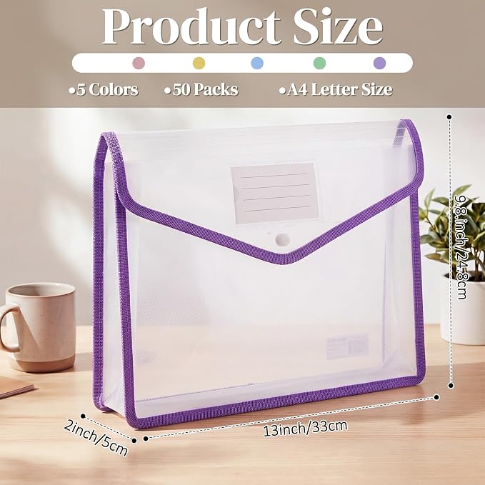 Handepo 50 Pcs Plastic Expanding File Folder Bulk - Transparent Large-Capacity Portable Documents Envelopes with Snap Closure for Office, Business, School - No Dividers (Macaron Colors,A4 Size)