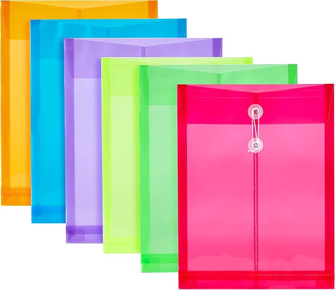 6 Pack Plastic Envelopes Poly Envelopes Expandable Files Document Folders with Button & String Tie Closure - Letter A4 Size - 1-1/4 Inch Expansion - for School Office & Home (Assorted Color)