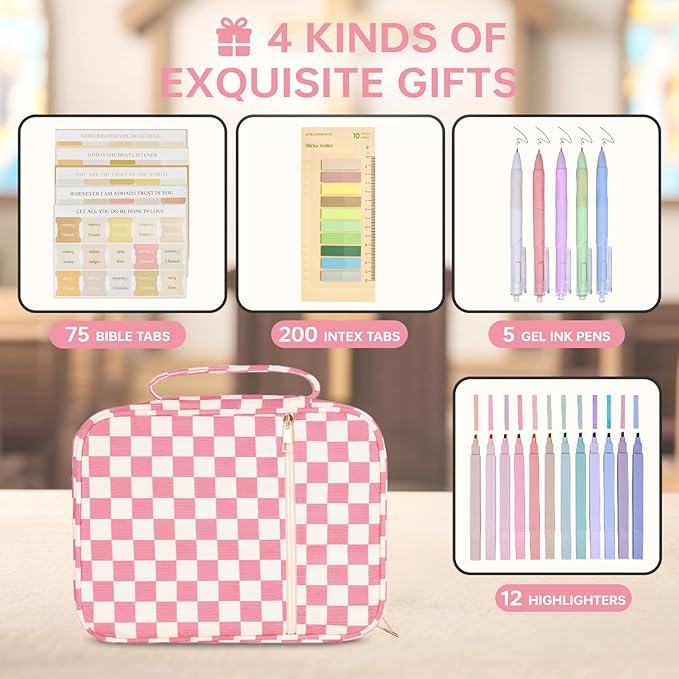 Bible Cover Case for Women Corduroy Bible Case for Girls Checkered Large Bible Cover with Handle Bible Study Supplies Accessories Christian Gifts for Women (Pink, Medium)