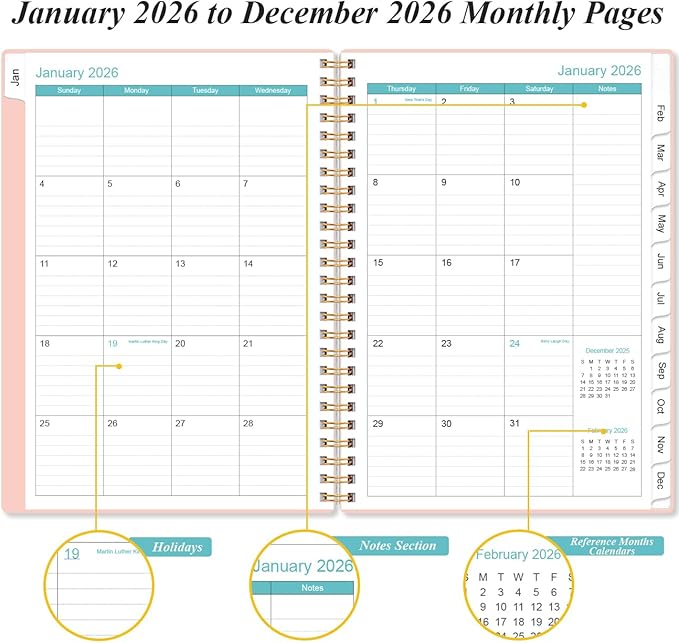 2026 Planner - Weekly and Monthly Calendar Planner from Jan 2026 - Dec 2026, Planner 2026 Spiral Bound with 12 Monthly Tabs, Inner Pocket, Perfect for School Office Supplies, 6.4" x 8.5", Pink