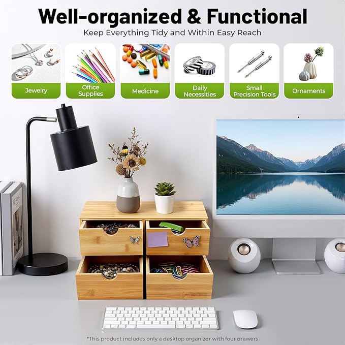 Desk Organizer, Office Vanity Bamboo Desk Organizer, Mini Bamboo Desk Drawer Tabletop Storage Box with 4 Drawer Night Stand Table Organizer for Makeup Vanity Office Supplies (4 Drawer)