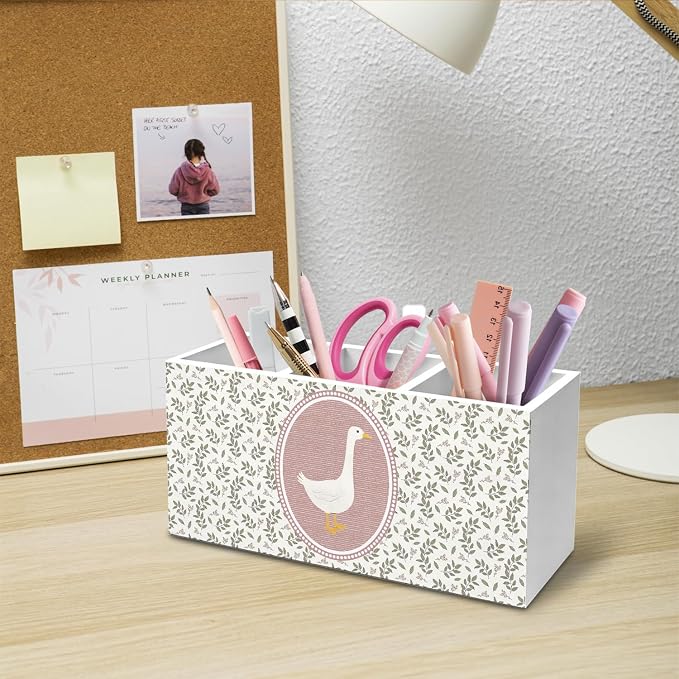 Rustic Pink Goose Plant Pen Holder for Desk, Goose Lover Gifts Pencil Organizer, Cottagecore Flower Botanical Wooden Box Sign Desk Decor for Girl Nursery Home Office Decoration