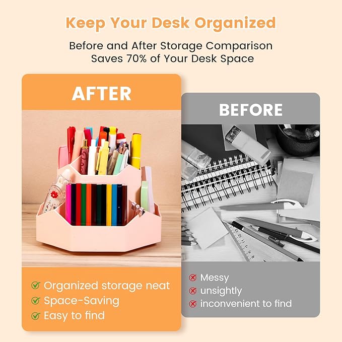Pencil Pen Holder, 360° Rotating Pen Holder, Desk Organizer with 9 Slots, Desktop Stationery Storage for Office, School & Home, Art Supplies Desktop Decor, Pink