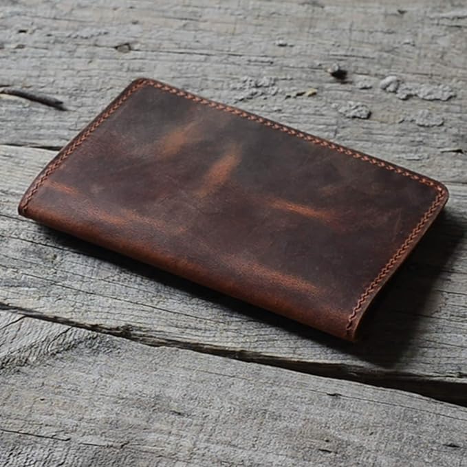 JJNUSA Distressed Leather Checkbook Journal Cover for Field Notes Moleskine Cahier Notebook Pocket size 3.5" X 5.5" Vintage Refillable Notepad Brown
