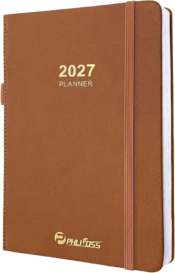 2027 Daily Planner/Calendar, One Page Per Day, Daily Monthly Agenda Planner with Time Slots and Monthly Tabs, Jan - Dec 2027, 5.7" x 8.25" Appointment Book, Pen Holder, Leather Cover (Brown)