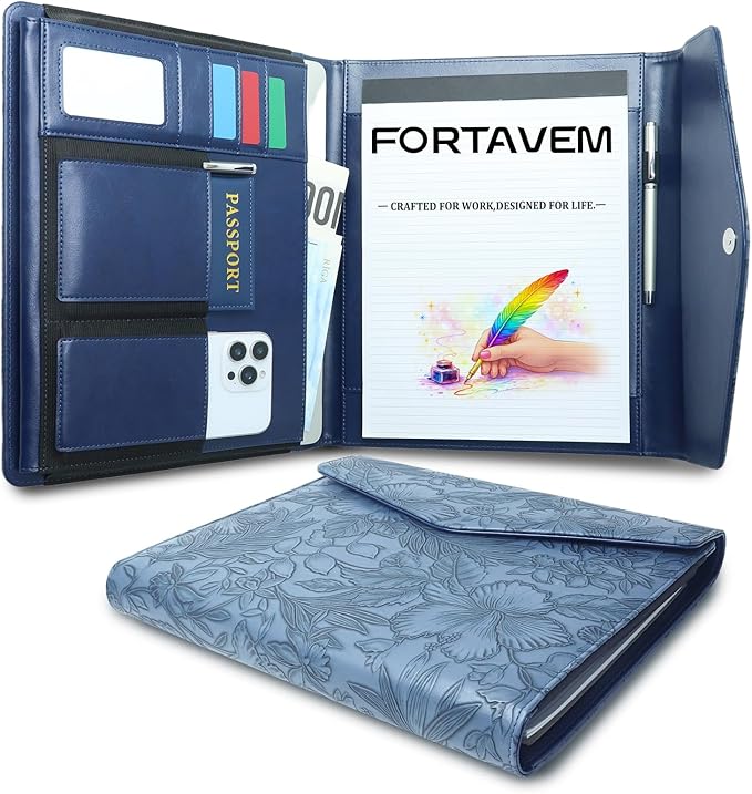 Embossed Professional Trifold Padfolio with Magnetic Closure – A4 Letter Portfolio Organizer for Business Meetings, Interviews & Presentations, Document Folder with Notepad Holder Blue