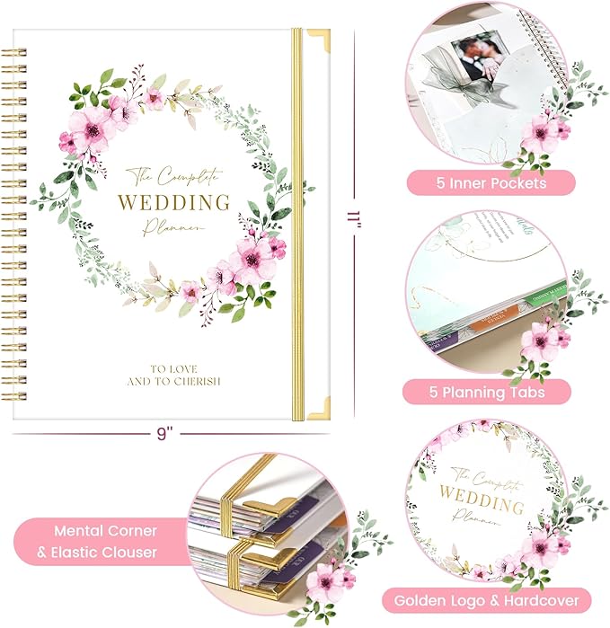 Wedding Planner for Bride - Wedding Planning Book and Organizer, 8.5" x 11" with Tabbed Sections, Metal Corner, 5 Inner Pockets, Sticker, Wedding Countdown Calendar