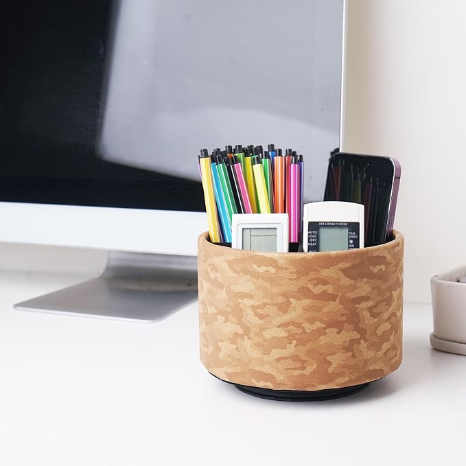 Round Leather Art Supply Organizer,Remote Control Holder,360 Degree Rotating,Multi-Functional Pencil Holder,4 Compartments Desktop Stationary Organizer(1-Camouflage Brown)