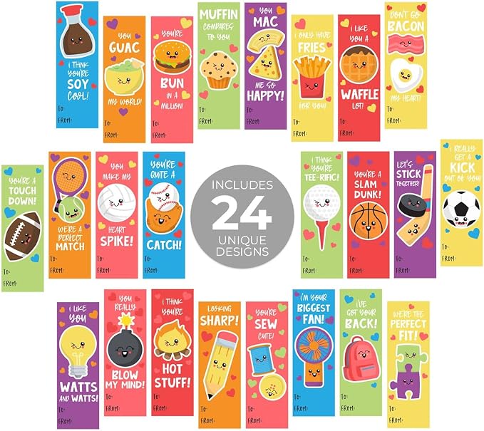 Kids Valentine's Day Bookmarks / 24 Sweet Valentine Quotemarks Bulk Pack / 2" x 6" Flat Paper Cards Set / 24 Adorable to from Motivational Valentines Bookmark Designs/Made in The USA