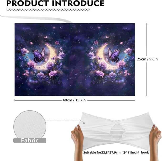Dreaweet Moon Rose Butterfly Book Sleeve Book Protector,Book Covers for Paperbacks Textbook Hardcover up to 9 x 11 Inches,Washable Fabric,Book Sleeves for Women Book Lover