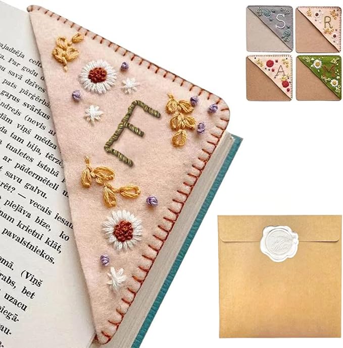 Personalized Hand Embroidered Corner Bookmark, 26 Letters Hand Stitched Felt Corner Letter Bookmark, Cute Flower Embroidery Bookmarks for Book Reading Lovers Meaningful Gift（Spring，E
