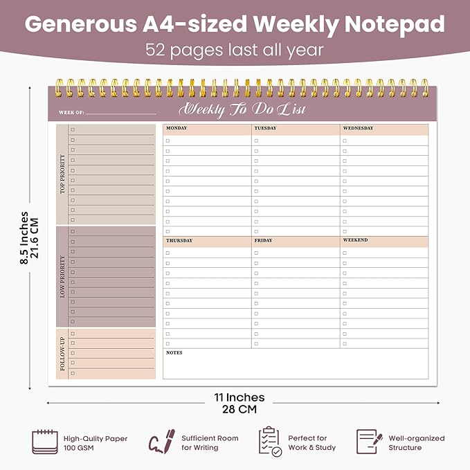 Weekly To Do List Notepad with 52 Undated Sheets（8.5"×11"）6 Pack - Undated Weekly Planner Notepad for Office Desk Accessories and Supplies - Multi
