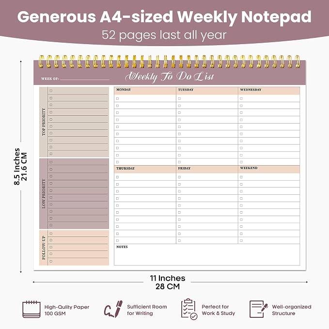 Weekly To Do List Notepad with 52 Undated Sheets（8.5"×11"）6 Pack - Undated Weekly Planner Notepad for Office Desk Accessories and Supplies - Midnight Lilac