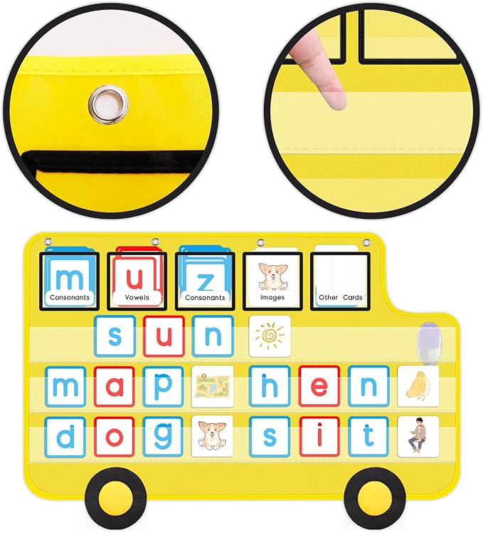 Pocket Chart for Classroom, 33 ⅞ " x 22" Large School Bus Shaped Pocket Charts for Kids, Back to School Supplies, Classroom Decor Hanging Pocket Charts with 8 Sentence Strips Holder (Yellow)