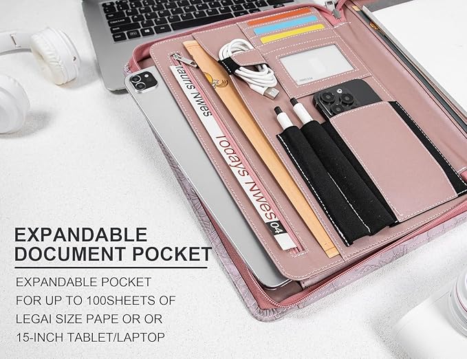 Embossed PU Leather Portfolio for Women,Professional Organize 3-Ring Padfolio with A4 Notepad Holder,Professional Business Document Organizer for Women (Purple)