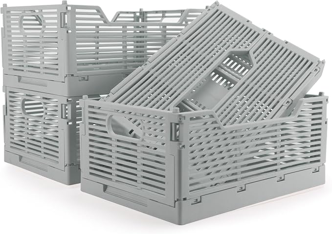 4-Pack Plastic Crates for Storage, Collapsible Storage Crates Stackable, Space-Saving Foldable Crate for Home Kitchen Classroom Office Bedroom Bathroom (15.75"x11.81"x6.1", Gray)