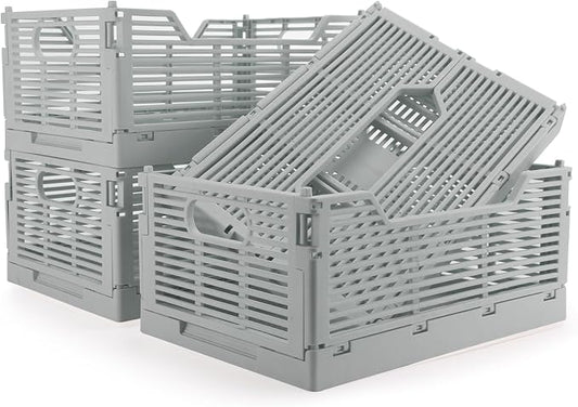 4-Pack Plastic Crates for Storage, Collapsible Storage Crates Stackable, Space-Saving Foldable Crate for Home Kitchen Classroom Office Bedroom Bathroom (15.75"x11.81"x6.1", Gray)