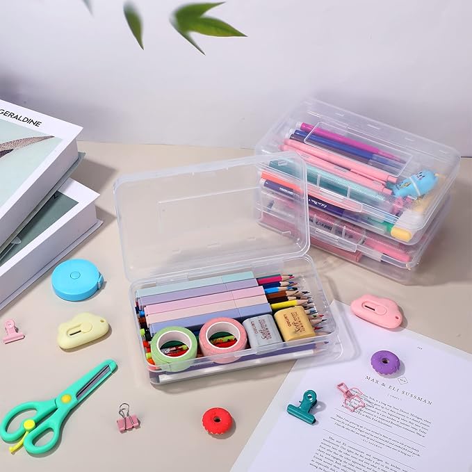 Leelosp 12 Pack Clear Pencil Boxes for School Bulk, Large Plastic Pencil Case with Lid, Stackable Hard Crayon Storage Box for Classroom Kids, Desk Drawer Organizer for Office Home(Clear)