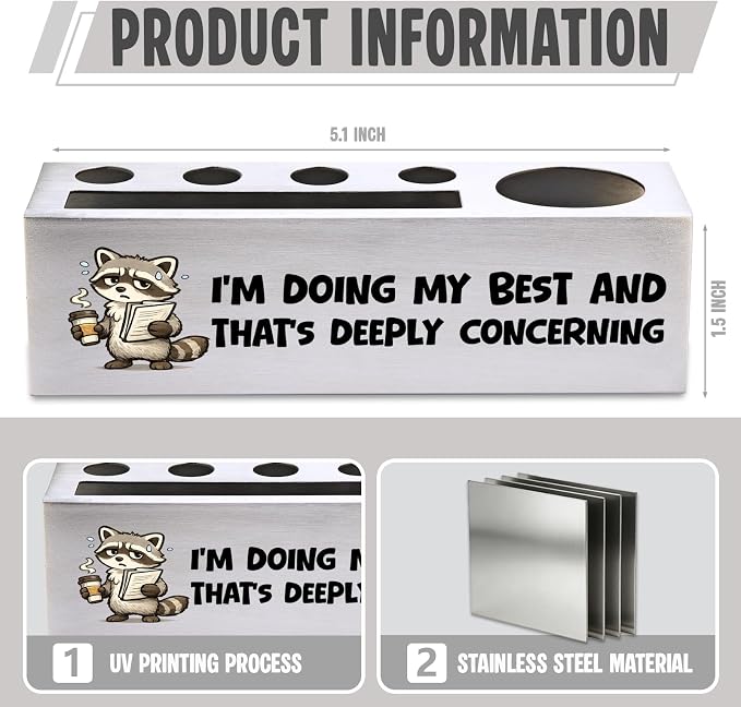 FOKCBOCM Funny Office Pen Holder with Raccoon Design, Stainless Steel Desk Organizer Gift for Coworker, Sarcastic Work Humor Workspace Decor, Stress Joke Desk Accessory-DS114