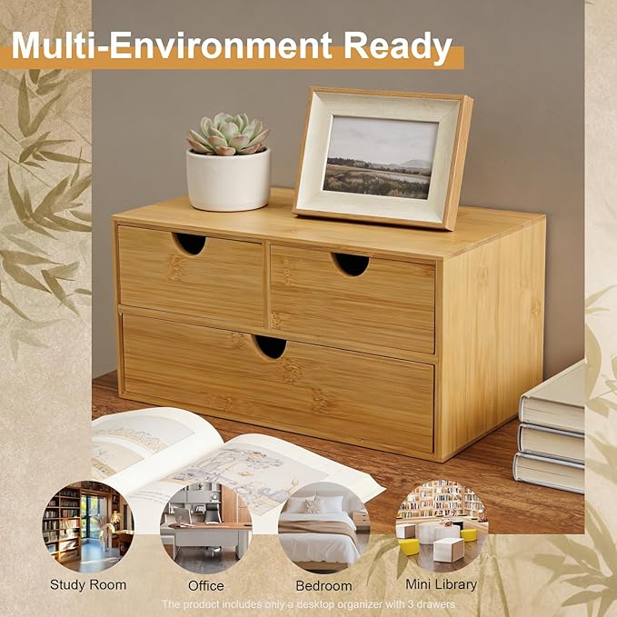 Desk Organizer, Office Vanity Bamboo Desk Organizer, Mini Bamboo Desk Drawer Tabletop Storage Box with 3 Drawer Night Stand Table Organizer for Makeup Vanity Office Supplies (3 Drawer, 2 Top+1 Bottom)