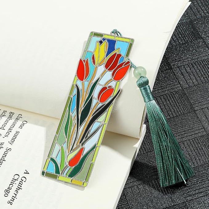 Elegant Tulip Flower Bookmark with Tassel for Women Lady - Metal Brass Book Mark for Book Lover Gifts, Studying Reading Supplies Books Accessories Collection