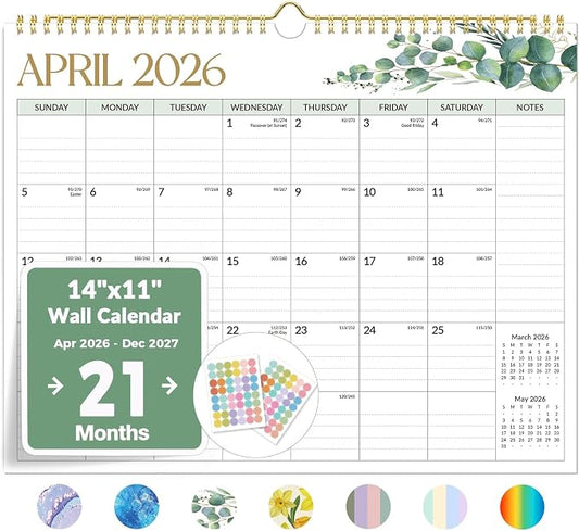 2026 Calendar, Forvencer 21-Month Wall Calendar 2026, Apr 2026 - Dec 2027, 14" x 11" Large Monthly Planner Calendars with Notes Section & Stickers, Ruled Block, Spiral Binding Hanging for Home Office