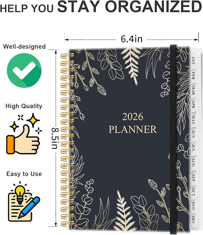 2026 Planner - Weekly and Monthly Planner Calendar from January 2026 to December 2026, Planning Agenda with Tabs & Inner Pocket, Spiral Bound for School/Office Supplies, 6.4" x 8.5", White Glod Leaf
