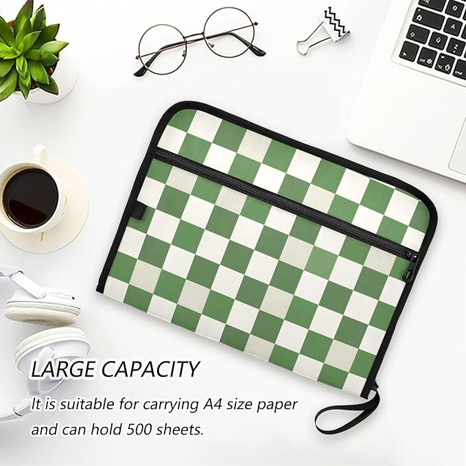 Expanding File Folder Green White Checkered Buffalo Plaid Accordion File Organizer 13 Pockets Document Organizer with Zipper Labels A4 Letter Office Storage