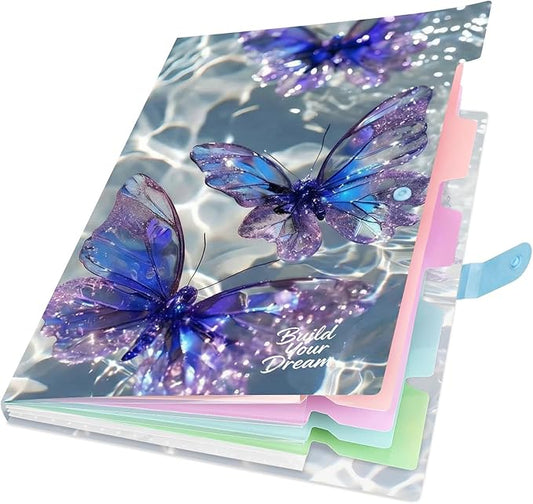 Cute Expanding File Folder - 5 Pockets Accordion Document Organizer, Waterproof Poly Plastic, A4/Letter Size for School Office Home - Butterfly Purple