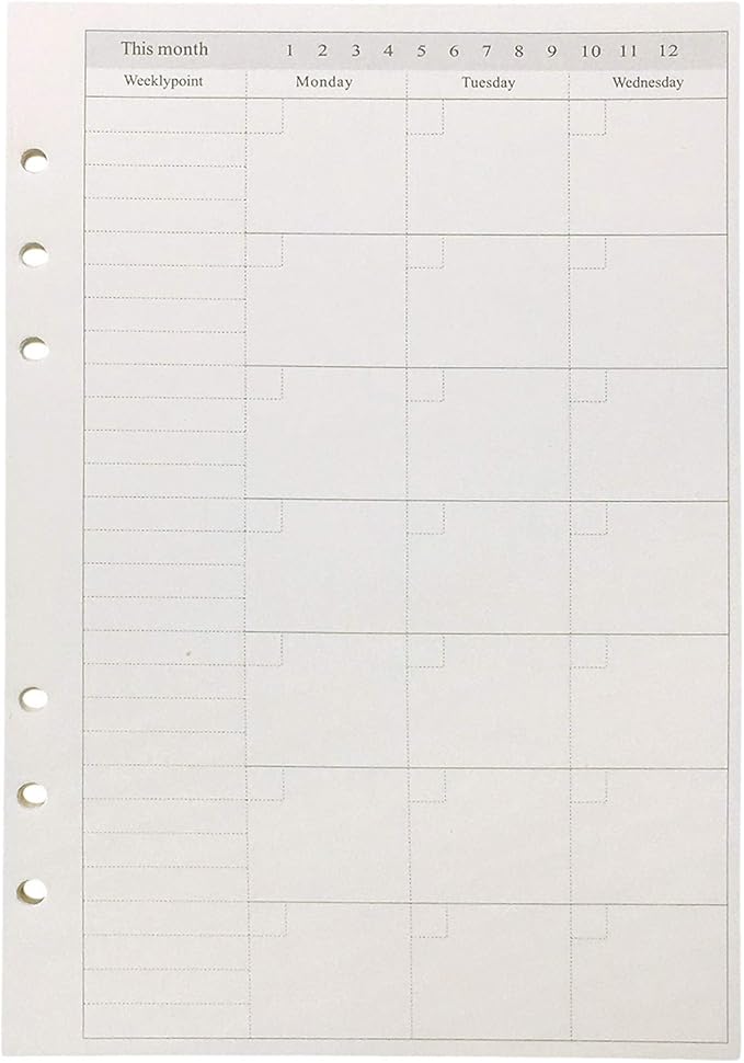 Zelten Refills/Loose Leaves for A5 Cover Ring Binder/Personal Organizer/Planner(A5 6 Holes, Monthly Plan)