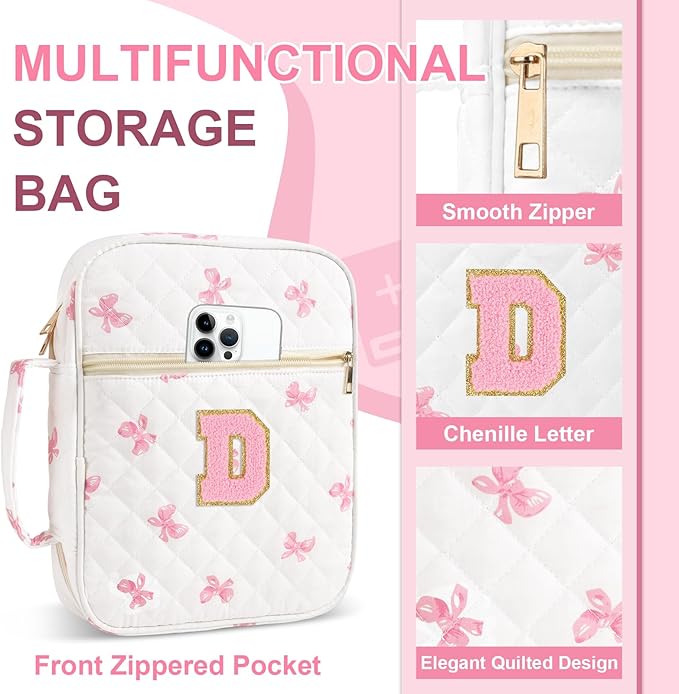 Personalized Initial Bible Cover Case for Women Girls Kid - Large Quilted Bible Case with Handle, Stylish Chenille Letter Bag Study Supplies, Perfect Christmas Gifts for Christians Women (Pink Bow-D)