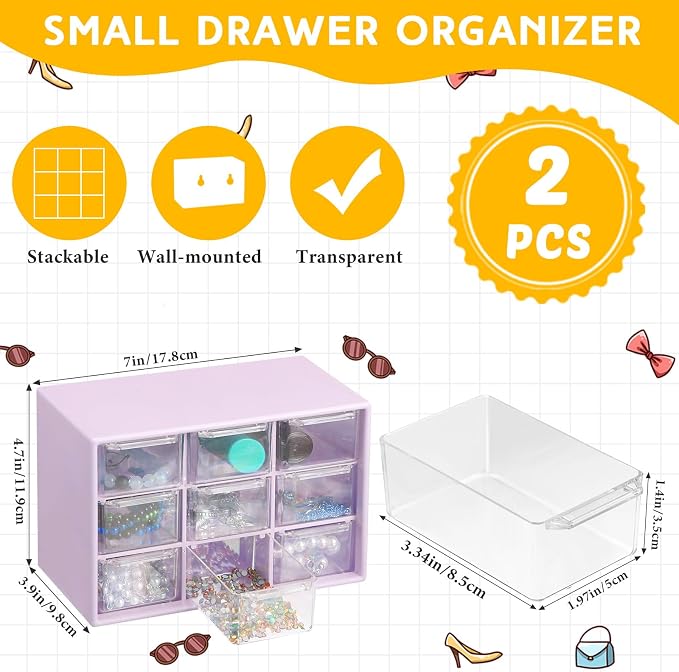 Wenqik 2 Pcs Mini Storage Drawers Teacher Toolbox Organizer with 9 Clear Drawers Small Plastic Desktop Teacher Desk Craft Organizer for Classroom Office 7" x 3. 9" x 4. 7"(Purple)