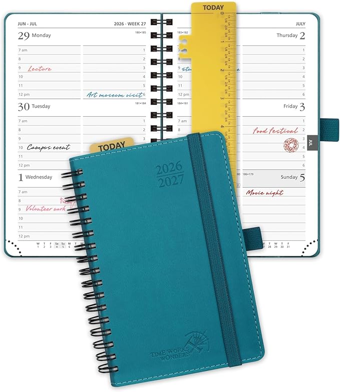 POPRUN Pocket Planner 2026-2027 (Purse Size 4'' x 6.25'') Academic Small Calendar (July 2026 - June 2027) with Hourly Time Slots, 100GSM Thick Papers, Spiral Leather Cover-Pacific Green
