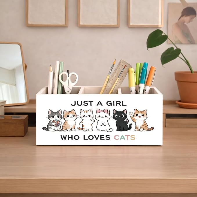 Cat Lover Desk Organizer Wooden Pen Pencil Holder for Desk, 3 Compartments Office Desk Accessories, Just A Girl Who Loves Cats Desk Decor, Cute Cat Gifts for Women Home Office Desk Storage