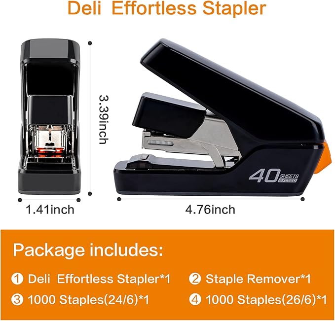 Deli Stapler, Effortless Staplers for Desk, 40 Sheet Capacity Heavy Duty, One Touch, No Effort, Easy to Load,with 2000 Staples & Staple Remover, Good for Office, Home Use, Black (Pack of 2)