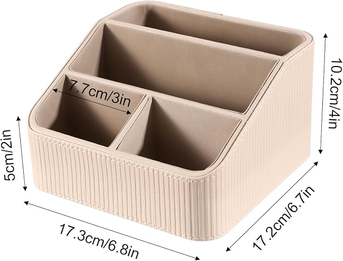 Kenaeeooe Remote Control Holder, Small Desk Organizer with 4 Compartments, Pu Leather Desktop Caddy for Office Supplies & Home Accessories, Bedside Nightstand Storage (Beige)