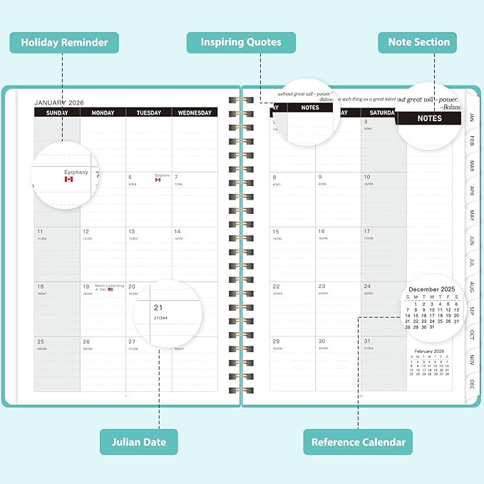 2026 Planner, Weekly and Monthly Calendar Planner, Academic Daily Agenda (Jan 2026 - Dec 2026), Hardcover Planning Notebook for Office Accessories and School Supplies, 8.5" x 11", Light Turquoise