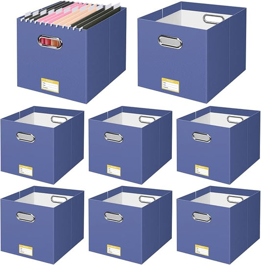 BALEINE File Organizer Box, Cardboard File Folder Organizer with Handle for Letter Size, Portable Collapsible Hanging Filing Box for Home Office Document Storage (8 Pack, Large Navy)