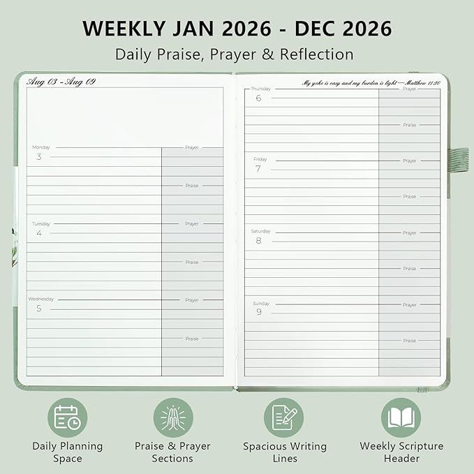 2026 Christian Planner for Women & Man – 5.7"x8.3" 12-Month Hardcover Bible Journal and Prayer Organizer, Faith-Based Weekly & Monthly Planner with Scripture Verses, Christian Gifts (Sage Green)