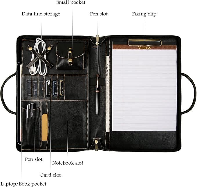 Oil Wax Leather Portfolio, Padfolio Organizer with Handle, Personalized Padfolio，Padfolio With Zipper for Men Women，Suitable for 15-inch Laptop Legal Pad Padfolio, Black