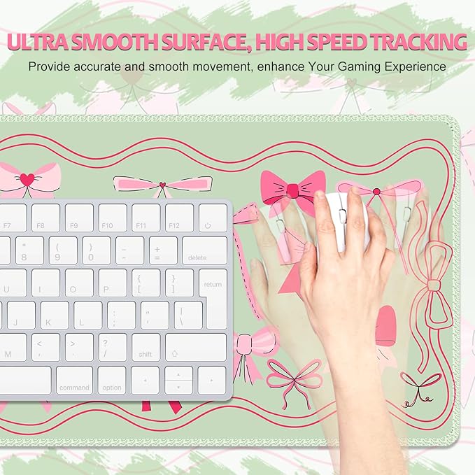 Desk Pad for Keyboard and Mouse, Large Mouse Pad for Desk, Non-Slip Keyboard Mat, Computer Mats for Desk, Desk Pad with Stitched Edges for Office, Gaming I Green Various Pink Bows