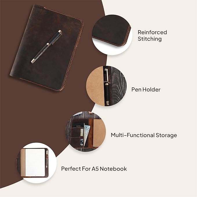 Genuine Leather A5 Journal Cover Refillable Notebook Cover, Fits 5.75 x 8.25 in, Card Slots Pocket & Pen Holder, Handmade Professional Leather Organizer for Men & Women, Travel & Work Diary Cover (Brown)